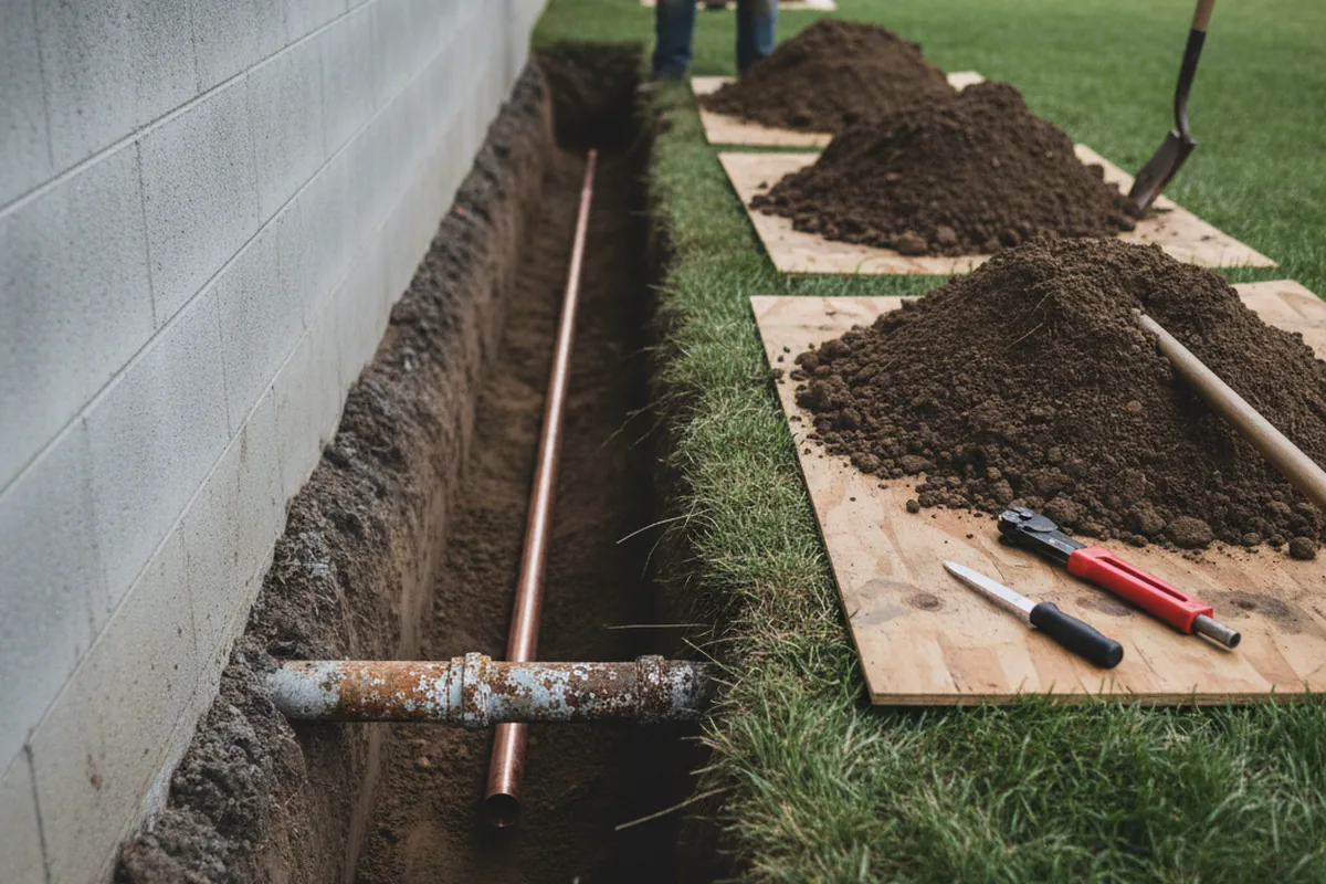 Excavated water line trench during Sewer Line Repair in Union